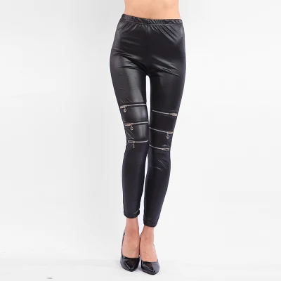 Pantaloni con cerniera elastica attillata da donna lucidi con foro con zip nero Pantaloni in PU da strada